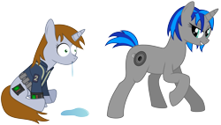 Size: 5300x3000 | Tagged: dead source, safe, artist:gimoody, derpibooru import, oc, oc only, oc:homage, oc:littlepip, pony, unicorn, fallout equestria, clothes, cutie mark, fanfic, fanfic art, female, grin, hooves, horn, lesbian, mare, oc x oc, pipbuck, pipmage, raised hoof, shipping, simple background, sitting, smiling, standing, transparent background, vault suit