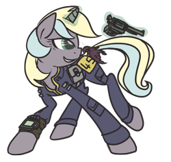 Size: 900x850 | Tagged: safe, artist:inlucidreverie, derpibooru import, oc, oc only, pony, unicorn, fallout equestria, clothes, gun, magic, simple background, solo, tail bow, telekinesis, transparent background, vault suit