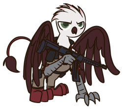 Size: 900x800 | Tagged: safe, artist:inlucidreverie, derpibooru import, oc, oc only, griffon, fallout equestria, clothes, gun, simple background, solo, transparent background