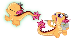 Size: 2748x1548 | Tagged: safe, artist:saturngrl, derpibooru import, oc, oc only, oc:lián, dragon, antlers, baby dragon, chinese dragon, chopsticks, dragoness, eating, noodles, solo