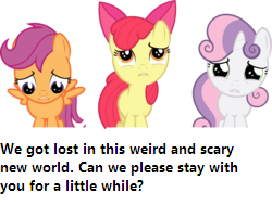 Size: 250x189 | Tagged: safe, derpibooru import, apple bloom, scootaloo, sweetie belle, bronybait, sad, text