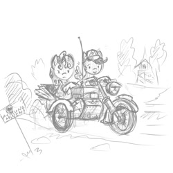 Size: 1000x1000 | Tagged: safe, artist:agm, scootaloo, sweetie belle, cutie mark crusaders, german, military, motorcycle, radio, sidecar, simple background, sketch