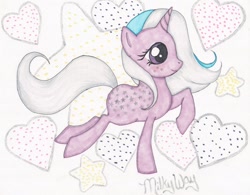 Size: 1024x798 | Tagged: safe, artist:lovellschibichara, derpibooru import, milky way (g1), g1, g1 to g4, generation leap, solo, text, traditional art