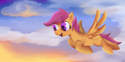 Size: 1000x500 | Tagged: safe, artist:mastercheefs, derpibooru import, scootaloo, pegasus, pony, cloud, cloudy, female, filly, flying, scootaloo can fly, solo