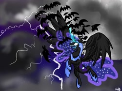 Size: 1200x900 | Tagged: safe, artist:izze-bee, derpibooru import, nightmare moon, bat, dark, magic, moon, solo