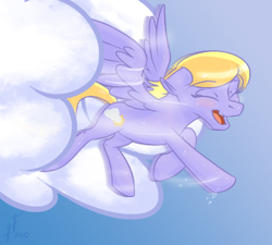 Size: 500x450 | Tagged: safe, artist:funnyfany, derpibooru import, cloud kicker, pegasus, pony, cloud, flying, solo