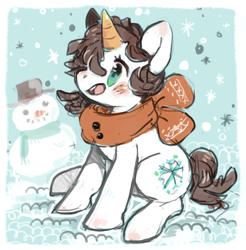 Size: 465x473 | Tagged: safe, artist:mi-eau, derpibooru import, oc, oc only, carrot, clothes, scarf, snow, snowfall, snowman, solo