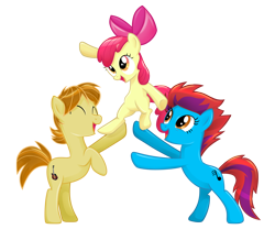 Size: 1510x1319 | Tagged: dead source, safe, artist:catwhitney, apple bloom, oc, oc:mandopony, earth pony, pony, acousticbrony, mandobloom, pony pyramid