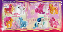 Size: 1000x502 | Tagged: safe, desert rose, forsythia, gem blossom, starbeam, valenshy, g3, brochure, crystal lace, cutie mark, friendship ball, irl, merriweather, peri winkle, periwinkle, photo, text, toy