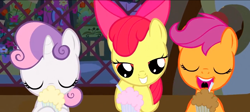 Size: 1366x610 | Tagged: safe, screencap, apple bloom, scootaloo, sweetie belle, bedroom eyes, cutie mark crusaders, out of context