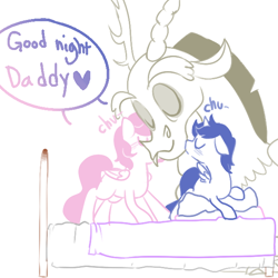 Size: 600x600 | Tagged: safe, derpibooru import, discord, ask-colt-celestia-and-luna, bed, kiss on the cheek, kiss sandwich, kissing