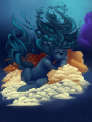 Size: 979x1294 | Tagged: safe, artist:verrmont, derpibooru import, oc, oc only, oc:cimmerian, pony, unicorn, blank flank, cloud, cloud mane, cloudy, mane, night, solo, surreal