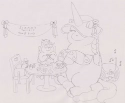 Size: 1500x1229 | Tagged: safe, artist:santanon, derpibooru import, fluffy pony, cake, fluffy pony original art, music, music notes, simmer, stereo, table, tangelo and tangerine, tea, tea party, teapot, traditional art, wingmastew