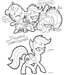 Size: 849x1000 | Tagged: safe, artist:abronyaccount, apple bloom, scootaloo, sweetie belle, pony, cutie mark crusaders, messy, monochrome, tree sap