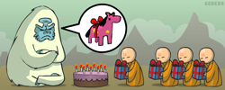 Size: 827x331 | Tagged: safe, artist:hyperboy, derpibooru import, yeti, birthday, cake, monks, present