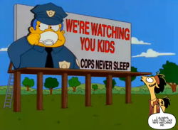 Size: 500x365 | Tagged: safe, idw, chief wiggum, crossover, flax seed, flax seed looks at stuff, parody, the simpsons