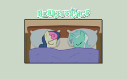 Size: 1680x1050 | Tagged: safe, artist:tritebristle, bon bon, lyra heartstrings, sweetie drops, earth pony, pony, unicorn, comic:heartstrings, bed, cropped, female, lesbian, lyrabon, shipping, sleeping, smiling