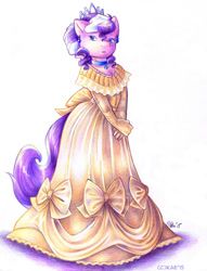 Size: 764x1000 | Tagged: safe, artist:kaemantis, artist:palelady, diamond tiara, anthro, alternate hairstyle, bow, classy, cleavage, clothes, colored, dress, earring, female, gloves, necklace, piercing, solo