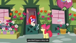 Size: 638x359 | Tagged: safe, derpibooru import, screencap, apple bloom, twist, call of the cutie, youtube caption