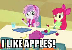 Size: 344x241 | Tagged: safe, derpibooru import, apple bloom, scootaloo, sweetie belle, equestria girls, equestria girls (movie), apple, captain obvious, cutie mark crusaders, image macro