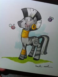 Size: 764x1024 | Tagged: safe, artist:katiecandraw, derpibooru import, idw, zecora, parasprite, zebra, traditional art