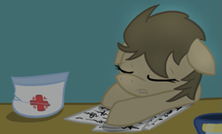 Size: 593x358 | Tagged: safe, artist:lilliesinthegarden, derpibooru import, doctor whooves, desk, exhausted, hat, night, nurse turner, paper, sleeping, solo