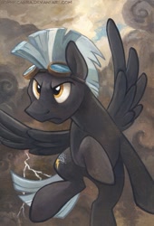 Size: 559x821 | Tagged: safe, artist:kenket, artist:spainfischer, thunderlane, pegasus, pony, cloud, cloudy, flying, goggles, lightning, male, solo, stallion