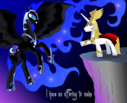 Size: 900x731 | Tagged: safe, artist:nightshroud, nightmare moon, prince blueblood, alicorn, pony, evil, female, horn, mare