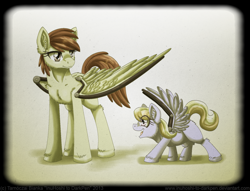 Size: 900x688 | Tagged: safe, artist:inuhoshi-to-darkpen, cloud kicker, oc, oc:nimbus gust, pegasus, pony, fanfic:the life and times of a winning pony, duo, fanfic, fanfic art, female, filly, mare, mother, mother and child, mother and daughter, parent and child, unshorn fetlocks, wingblade, winningverse, younger