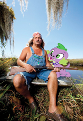 Size: 326x478 | Tagged: safe, derpibooru import, spike, dog, human, bruce mitchell, crocs, crossover, duo, gun, history channel, irl, irl human, open mouth, overalls, photo, sitting, spike the dog, swamp people