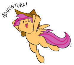 Size: 866x761 | Tagged: safe, artist:egophiliac, derpibooru import, scootaloo, adventure, hat, one word, solo