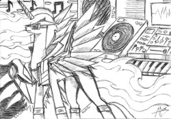 Size: 1016x708 | Tagged: safe, artist:alexdaftwolf, derpibooru import, oc, oc only, alicorn, pony, alicorn oc, monochrome, piano, solo