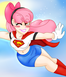 Size: 1555x1805 | Tagged: safe, artist:blackbewhite2k7, apple bloom, human, belly button, clothes, crossover, flying, humanized, midriff, skirt, solo, supergirl