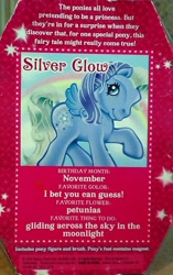 Size: 1728x2745 | Tagged: safe, derpibooru import, g3, back card, pony's foot contains magnet, silver glow, text