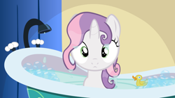 Size: 1280x720 | Tagged: safe, artist:jan, derpibooru import, sweetie belle, ask the crusaders, bath, bathtub, claw foot bathtub, rubber duck, shock, solo, wet mane