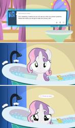 Size: 1280x2175 | Tagged: safe, artist:jan, derpibooru import, sweetie belle, ask, ask the crusaders, bath, bathtub, claw foot bathtub, cute, diasweetes, fourth wall, question, rubber duck, tumblr, tumblr comic, wet mane