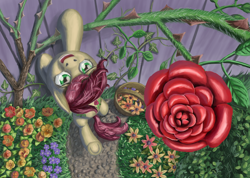 Size: 4000x2850 | Tagged: safe, artist:morevespenegas, roseluck, flower, garden, hanging, rose, thorns