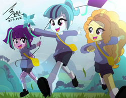 Size: 1100x849 | Tagged: safe, artist:bluse, adagio dazzle, aria blaze, sonata dusk, equestria girls, adoragio, ariabetes, clothes, cute, dazzlebetes, female, grass, happy, hnnng, kite, needs more jpeg, open mouth, pinwheel (toy), shoes, shorts, show accurate, signature, socks, sonatabetes, sweater, the dazzlings, weapons-grade cute, younger