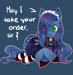 Size: 1280x1309 | Tagged: safe, artist:ask-aki-pony, derpibooru import, oc, oc only, pegasus, pony, aki, clothes, heterochromia, maid, socks, solo, striped socks