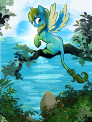 Size: 1276x1684 | Tagged: safe, artist:bedupolker, derpibooru import, oc, oc only, oc:royal feather, solo, tail, tree, water
