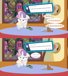 Size: 1280x1440 | Tagged: safe, artist:jan, derpibooru import, button mash, sweetie belle, ask, ask the crusaders, brain freeze, button's adventures, milkshake, solo, table, tumblr