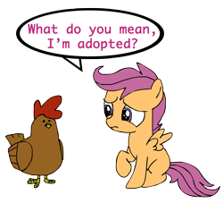 Size: 2200x2000 | Tagged: safe, artist:clamdiggydiggy, scootaloo, chicken, adopted offspring, scootachicken, speech bubble, you're adopted