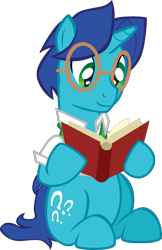 Size: 965x1485 | Tagged: safe, artist:trotsworth, oc, oc only, pony, unicorn, book, glasses, male, reading, simple background, sitting, stallion, transparent background