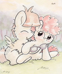 Size: 726x877 | Tagged: safe, artist:slightlyshade, featherweight, twist, feathertwist, female, fluffy, glasses, male, shipping, straight, traditional art