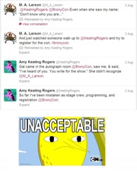 Size: 791x1015 | Tagged: safe, derpibooru import, absurd, adventure time, amy keating rogers, bronycon, lemongrab, m.a. larson, ridiculous, stupid, text, twitter, unacceptable