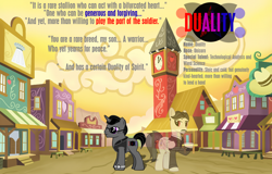 Size: 3434x2192 | Tagged: safe, derpibooru import, oc, oc only, pegasus, pony, unicorn, pony creator, appleloosa, building, character profile, clock, clock tower, clothes, duality, glasses, male, moustache, nikola tesla, ponified, quote, stallion, text, vest, watch