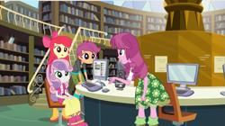 Size: 1023x574 | Tagged: safe, derpibooru import, apple bloom, cheerilee, scootaloo, sweetie belle, equestria girls, equestria girls (movie), cutie mark crusaders