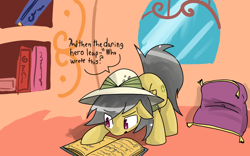 Size: 1024x640 | Tagged: safe, artist:acharmingpony, daring do, pegasus, pony, book, breaking the fourth wall, dialogue, female, fourth wall, golden oaks library, hilarious in hindsight, mare, reading, solo