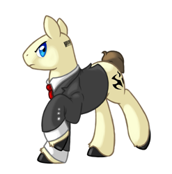 Size: 685x692 | Tagged: safe, artist:gasmaskmonster, derpibooru import, earth pony, pony, agent 47, bald, barcode, clothes, cuffs (clothes), formal, frown, hitman, insignia, looking at you, necktie, ponified, scowl, simple background, solo, suit, transparent background, unshorn fetlocks