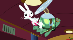 Size: 1023x573 | Tagged: safe, derpibooru import, screencap, angel bunny, tank, just for sidekicks, angel is a bunny bastard